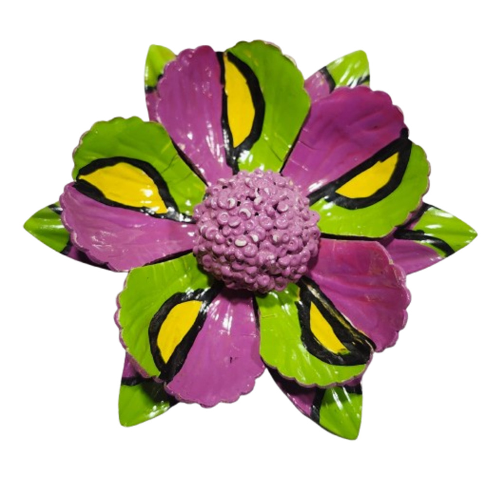 Vtg 60s Mod Mid Century Fire Red Black Enamel Large Flower Pin Brooch